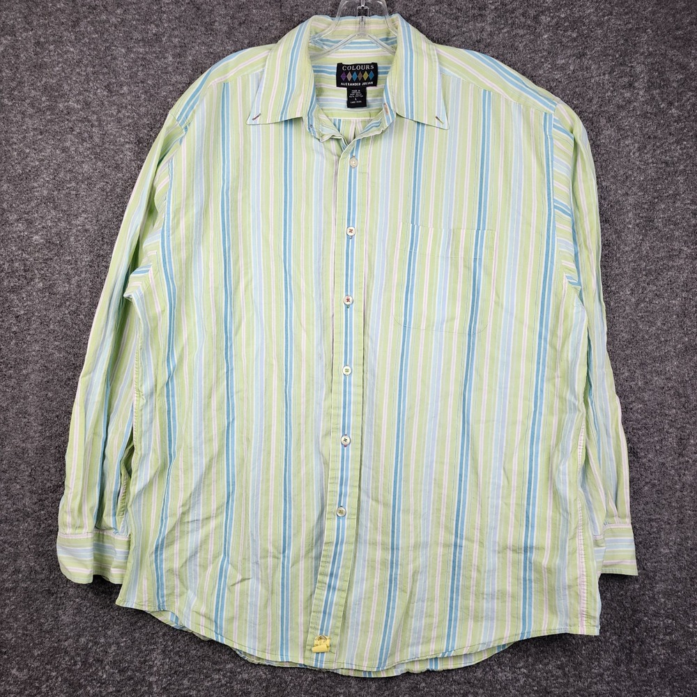 Colours Alexander‎ Julian Button Down Shirt Mens Large Green Blue Striped Cotton
